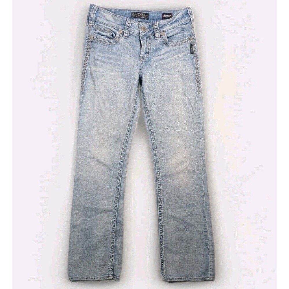 Silver Suki Slim Boot Jeans Womens 28x31 Distressed Light Wash Stretch Denim